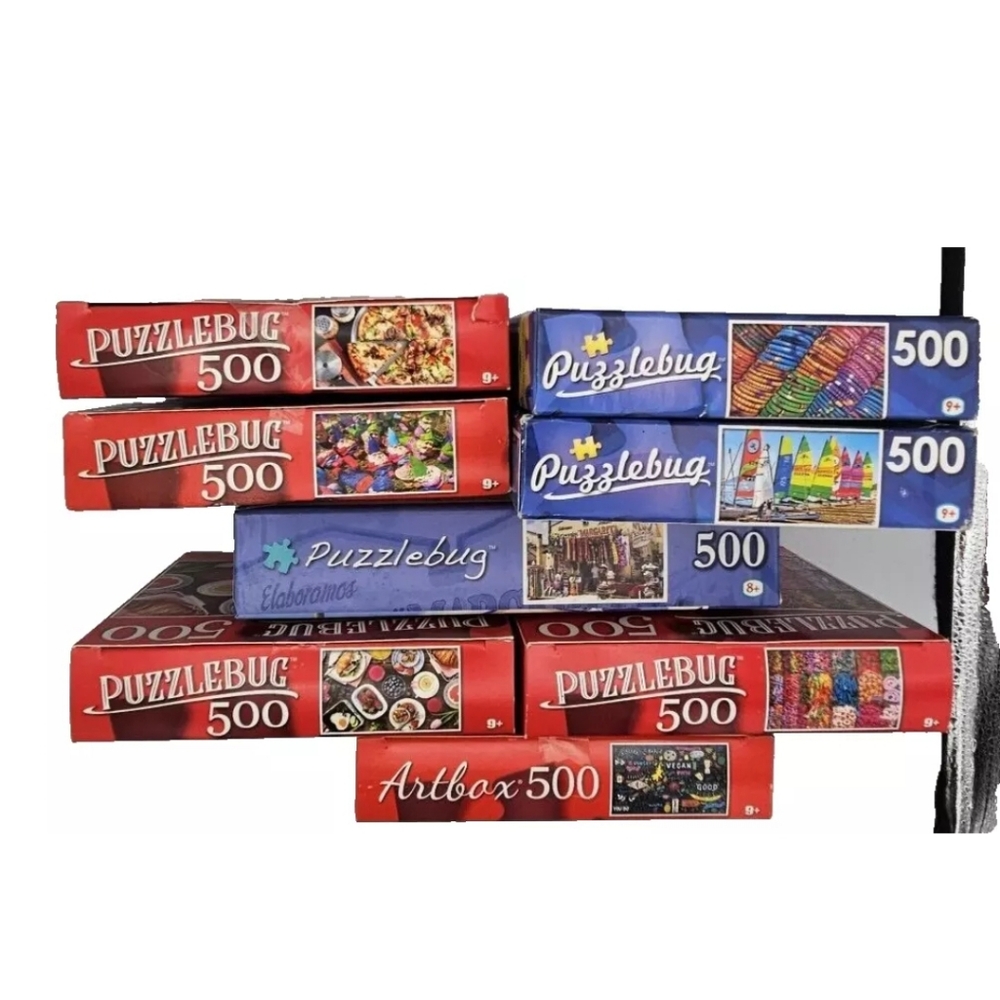 Bundle of 8 NEW Puzzlebug Artbox 500 Piece Puzzles Pizza Candy Gnomes Sailboats